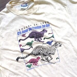 Vtg 1988 San Francisco Zoo Run Cheetah T-Shirt Cream Hanes Single Stitch L